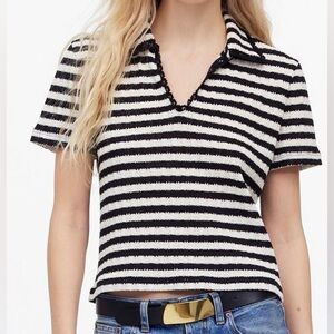 Madewell Striped Knit Polo Shirt Johnny Collar Top Black White Womens Size XXS